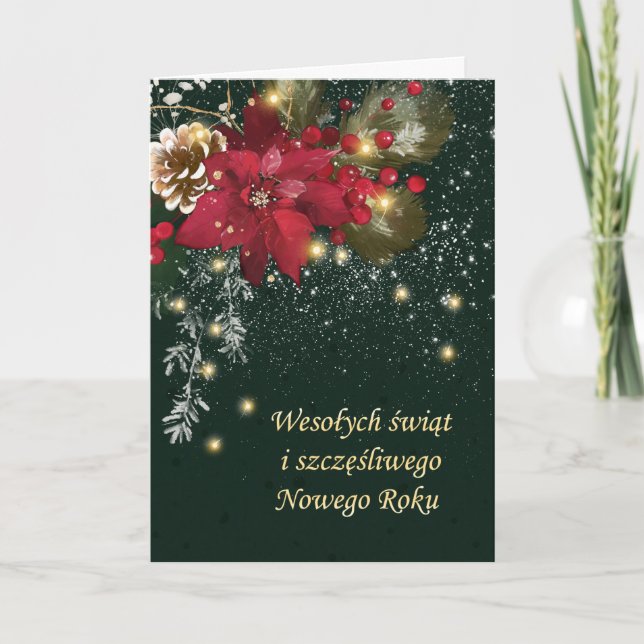 Polish Christmas Poinsettia Pine Holly Garland  Ho Holiday Card (Front)