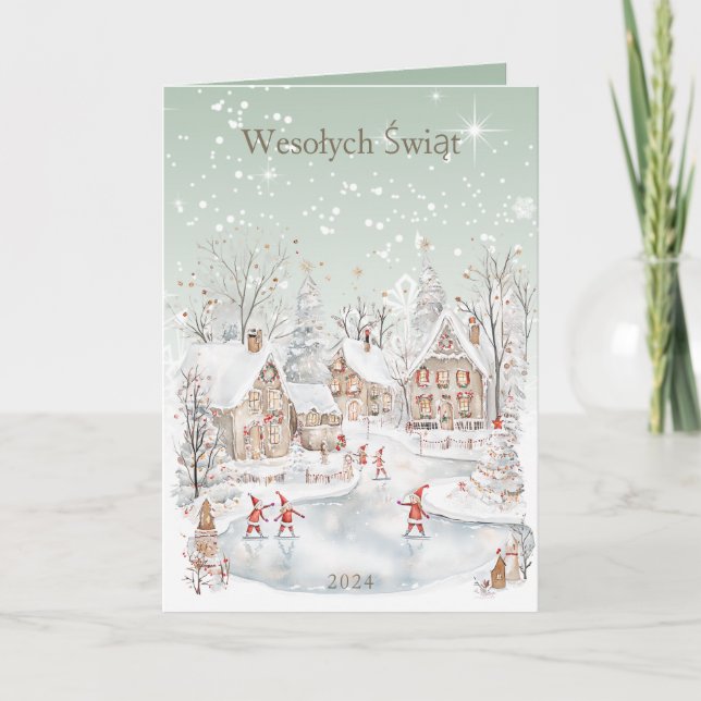 Polish Christmas Winter Snowy Houses Holiday Card (Front)