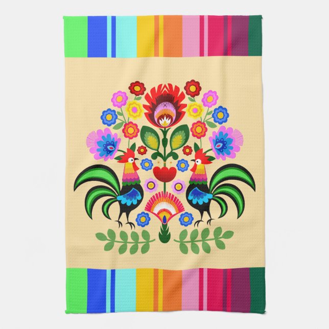 Polish folk art - floral embroidery pattern tea towel (Vertical)