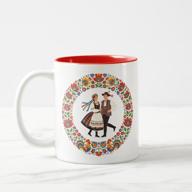 Polish Folk Dance Wycinanki Two-Tone Coffee Mug (Left)