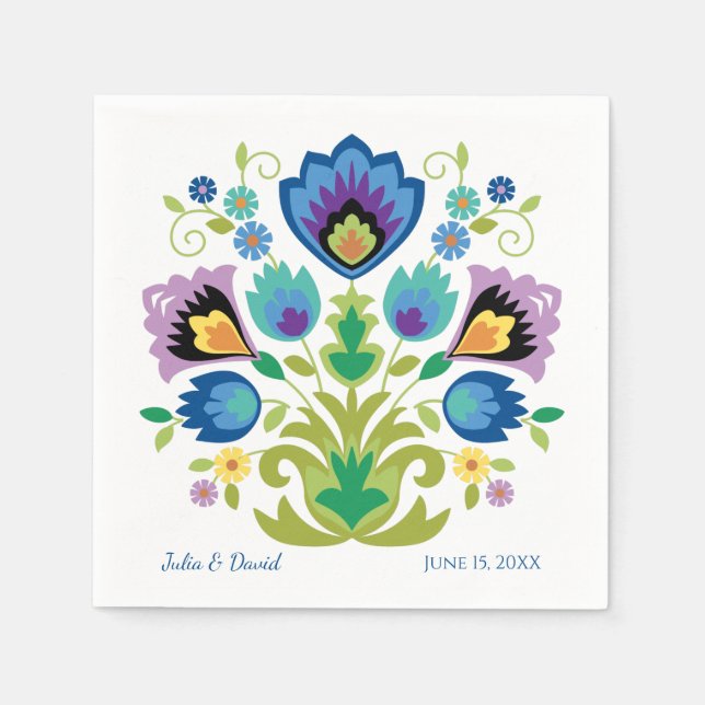 Polish Folk Flowers Blue Lavender Napkin (Front)