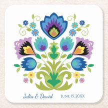 Polish Folk Flowers Blue Lavender Paper Coaster