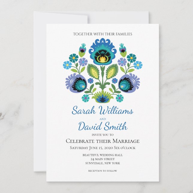 Polish Folk Flowers Blue Teal Wedding Invitation (Front)