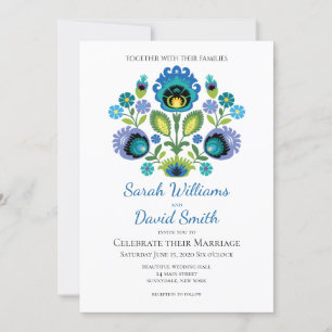 Polish Folk Flowers Blue Teal Wedding Invitation