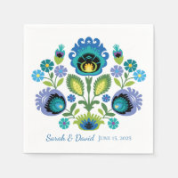 Polish Folk Flowers Blue Teal Wedding Napkin