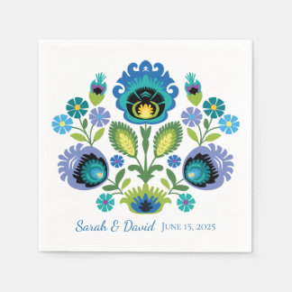 Polish Folk Flowers Blue Teal Wedding Napkin