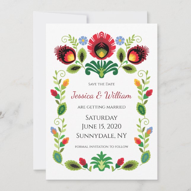 Polish Folk Flowers Red Save The Date Card (Front)