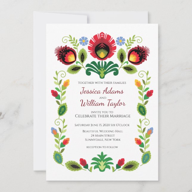 Polish Folk Flowers Red Wedding Invitation (Front)