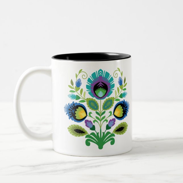Polish Folk Flowers Teal Two-Tone Coffee Mug (Left)