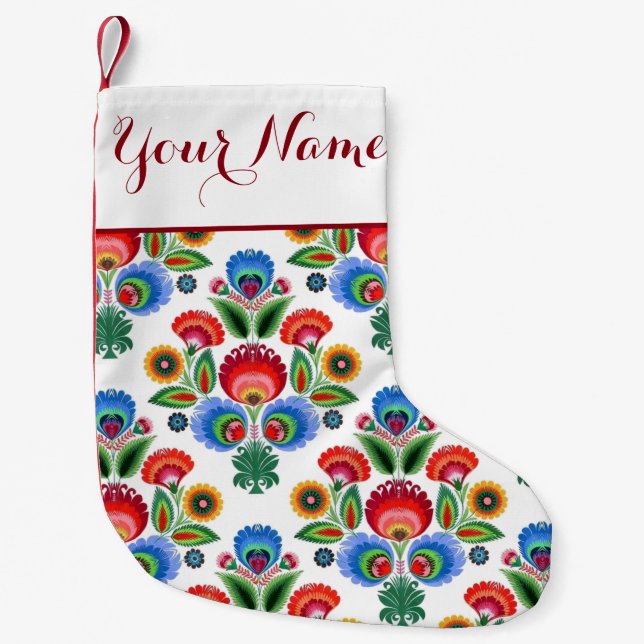 Polish Folk Flowers - with custom name Small Christmas Stocking (Front)