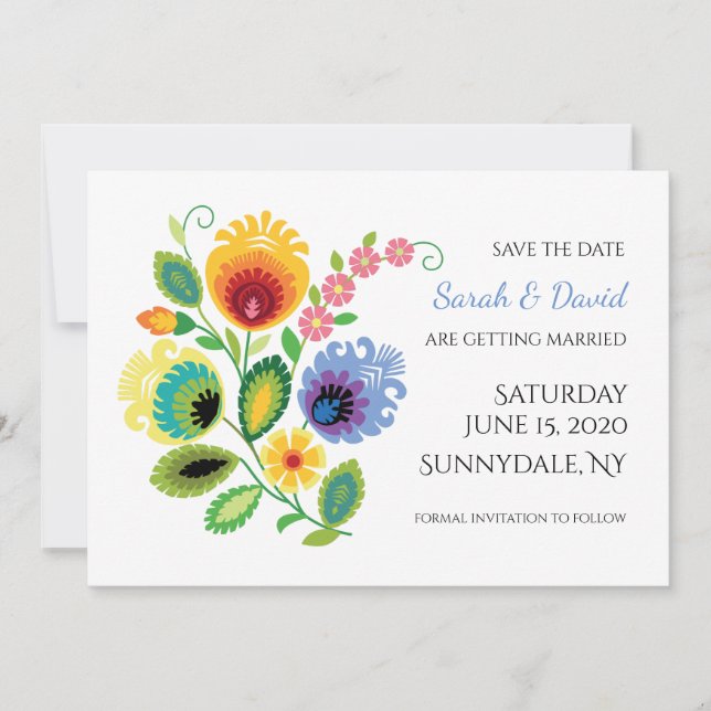 Polish Folk Flowers Yellow Save the Date Card (Front)