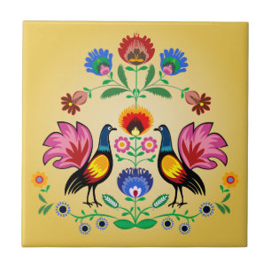 Polish Folk With Decorative Floral & Cockere, Tile