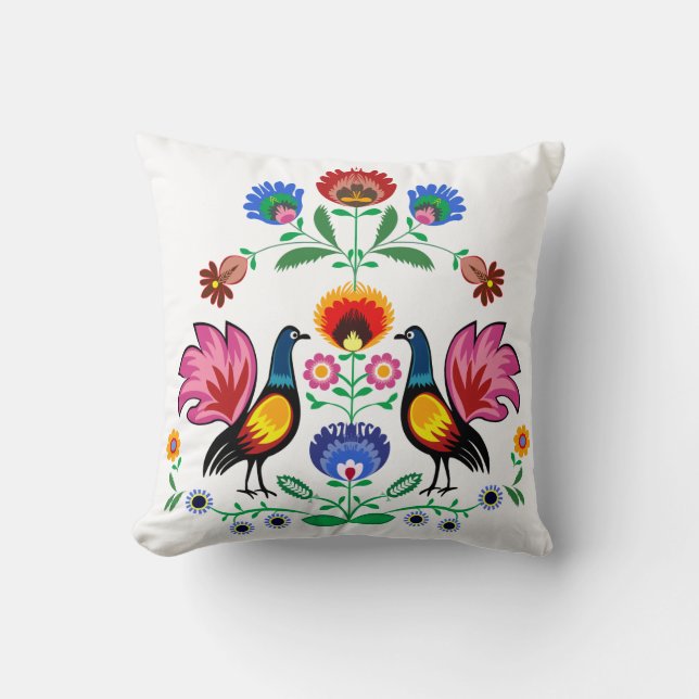 Polish Folk With Decorative Floral & Cockerels, Cushion (Front)