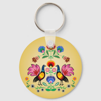 Polish Folk With Decorative Floral & Cockerels Key Ring