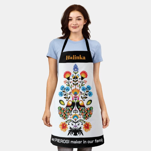 Polish Folklore with peacocks, custom text Apron (Worn)