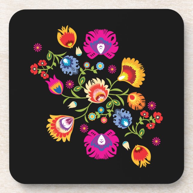 Polish folklore with pink flowers coaster (Front)