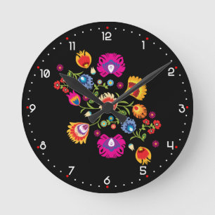 Polish folklore with pink flowers  round clock