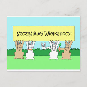 Polish Happy Easter, Cartoon Bunnies. Holiday Postcard