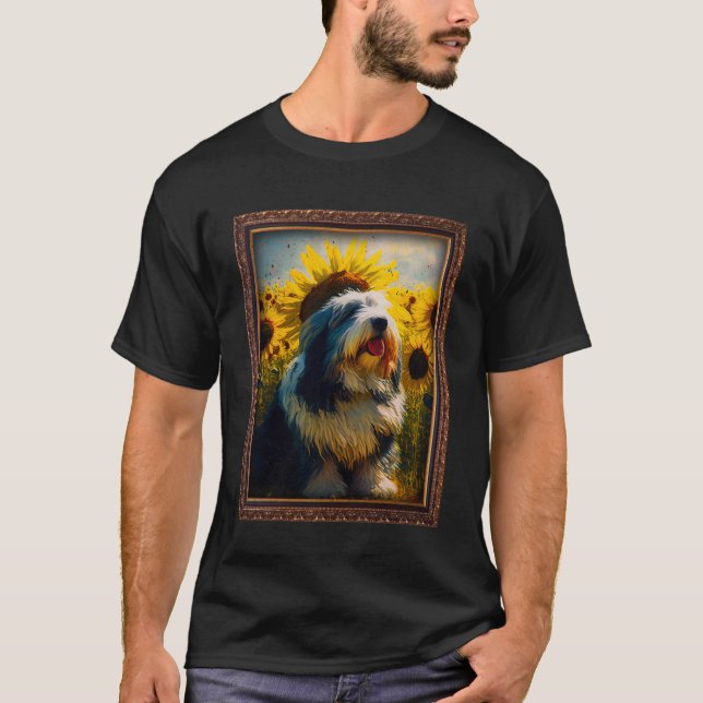 Polish Lowland Sheepdog Painting Sunflower Flower  T-Shirt (Front)