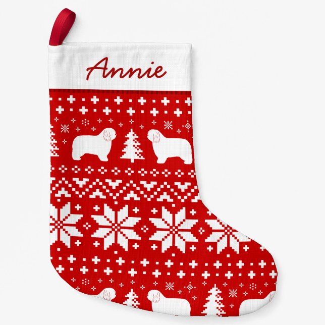 Polish Lowland Sheepdog Silhouettes Cute Pattern Small Christmas Stocking (Front)