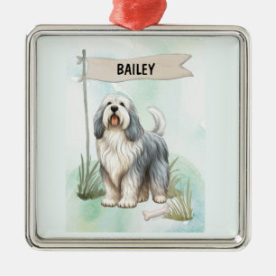 Polish Lowland Sheepdog Watercolor Personalise Dog Metal Ornament