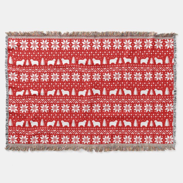 Polish Lowland Sheepdogs Christmas Pattern Red Throw Blanket (Front)