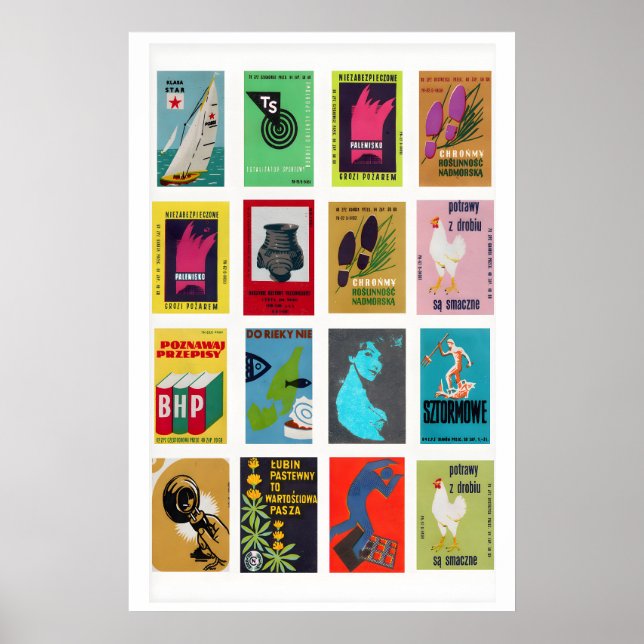 Polish Matchbox Label Grid Print, Vintage Ephemera Poster (Front)