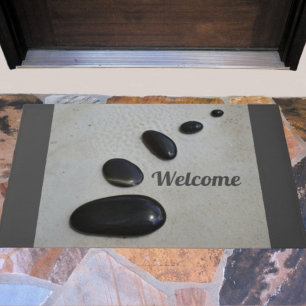 Polished Black Stones on Sand Zen Garden Gray Doormat