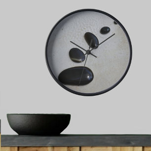 Polished Black Zen Stones Grey Round Clock