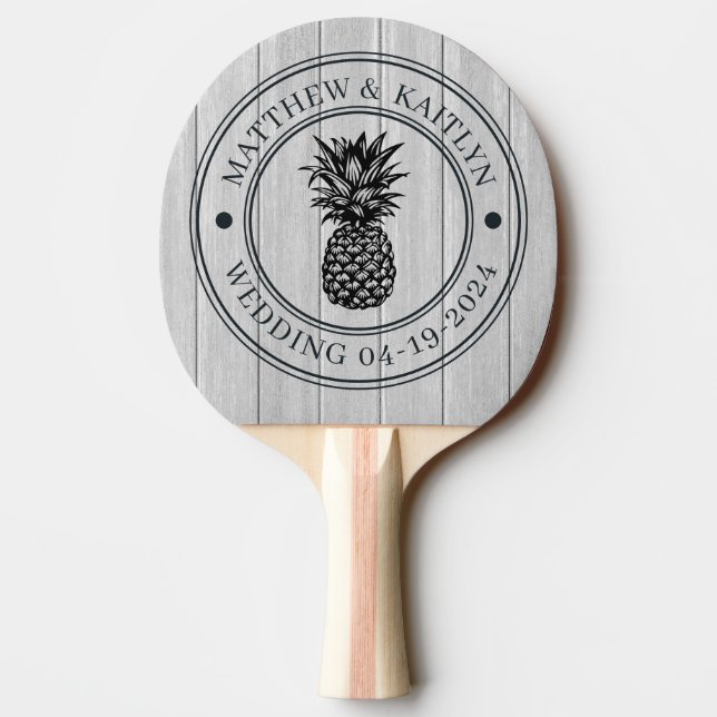 Polished Grey Wood Pineapple Wedding Crest & Names Ping Pong Paddle (Back)