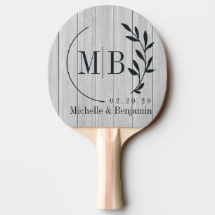 Polished Grey Wooden Leaf Wedding Monogram Ping Pong Paddle