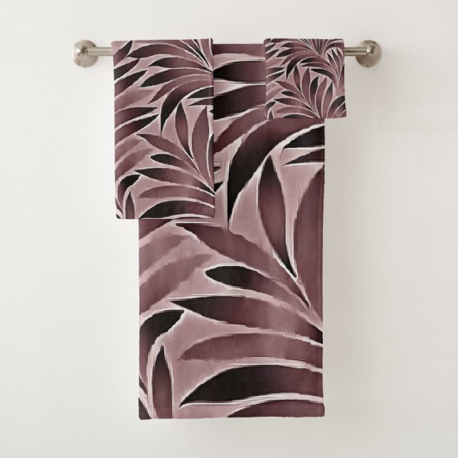 Polished Leaves In Deep Ruby Red Pinks Bath Towel Set (Insitu)