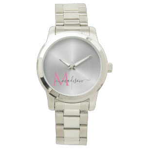 Polished Platinum Radial Metallic Script Name Watch