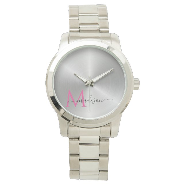 Polished Platinum Radial Metallic Script Name Watch (Front)