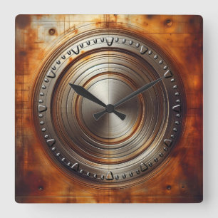 polished steel on rusted base square wall clock