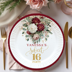 Polished Sweet 16 Blush Burgundy Floral Plates