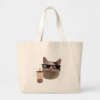 Polite Cat Meme with Swag Glasses and Boba Drink Large Tote Bag