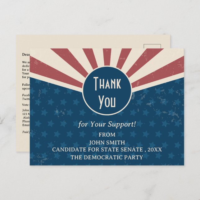 Political Campaign Event  Rally Donation Thank You Postcard (Front/Back)