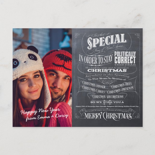 Politically Correct Woke Chalkboard Christmas Holiday Postcard (Front)