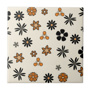 POLKA and DOTS, ORANGE AND BLACK FLOWERS Ceramic Tile