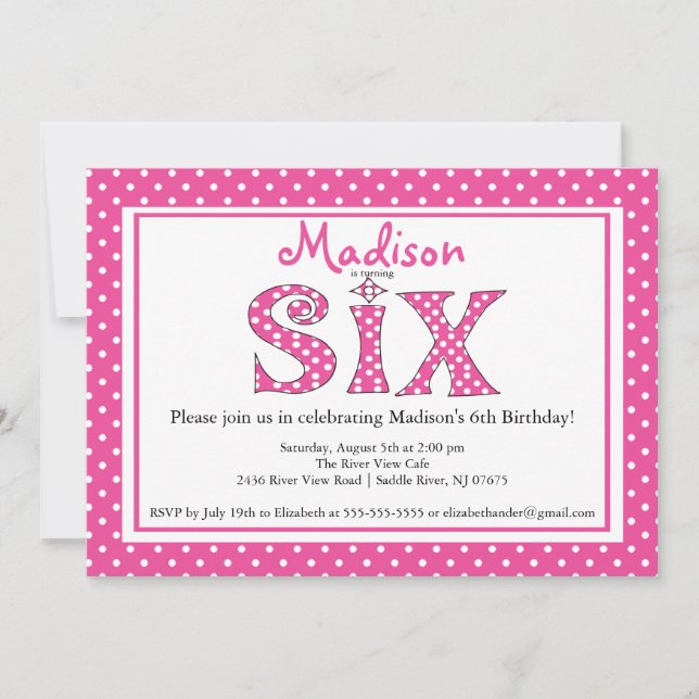 Polka Dot Alphabet Sixth Birthday Party Invitation (Front)