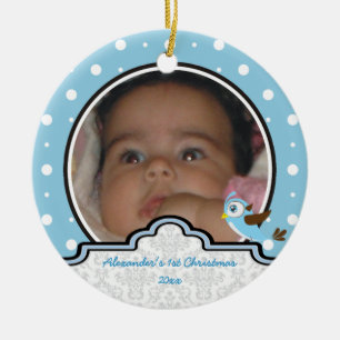 Polka dot baby boy first Christmas photo ornament