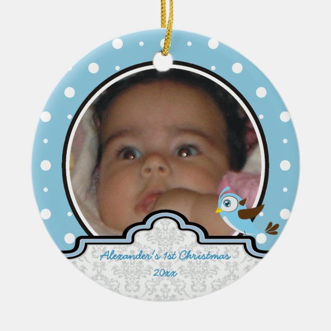 Polka dot baby boy first Christmas photo ornament (Front)