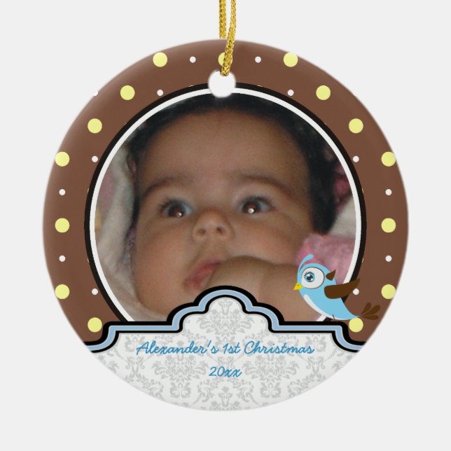 Polka dot baby boy first Christmas photo ornament (Front)