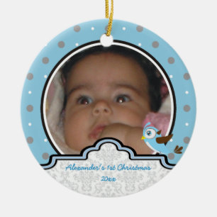 Polka dot baby boy first Christmas photo ornament