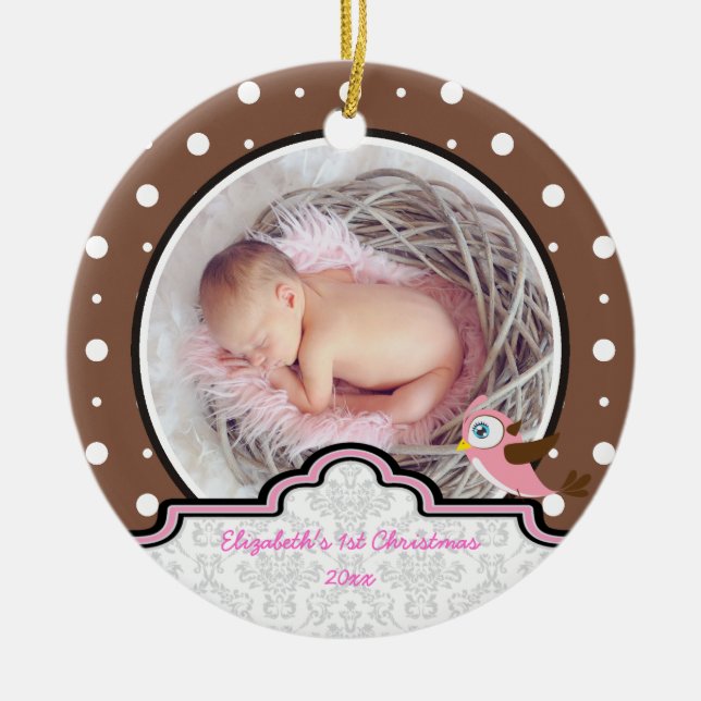 Polka dot baby girl first Christmas photo ornament (Front)