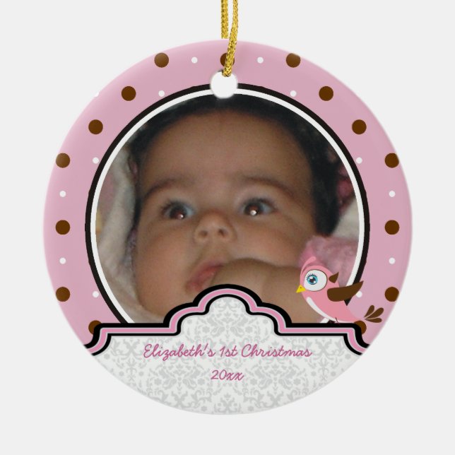 Polka dot baby girl first Christmas photo ornament (Front)