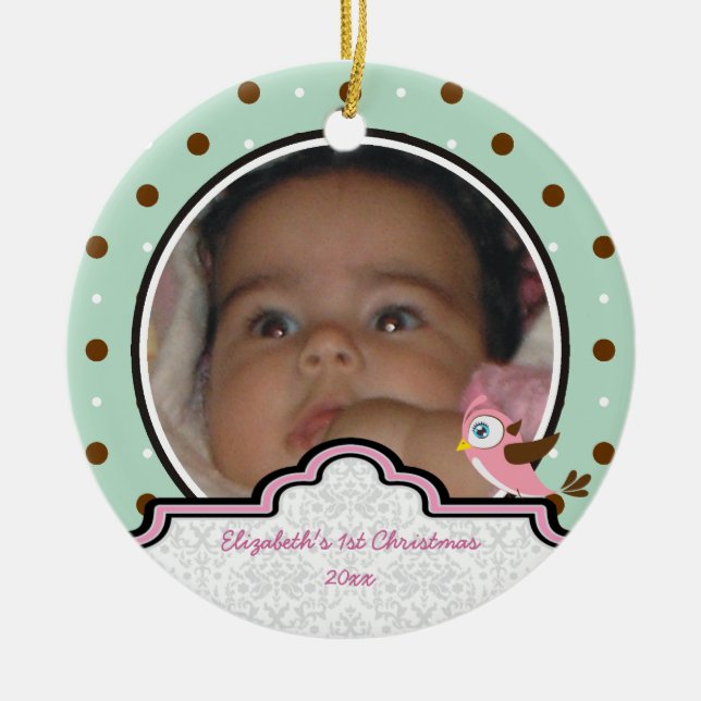 Polka dot baby girl first Christmas photo ornament (Front)
