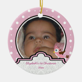 Polka dot baby girl first Christmas photo ornament