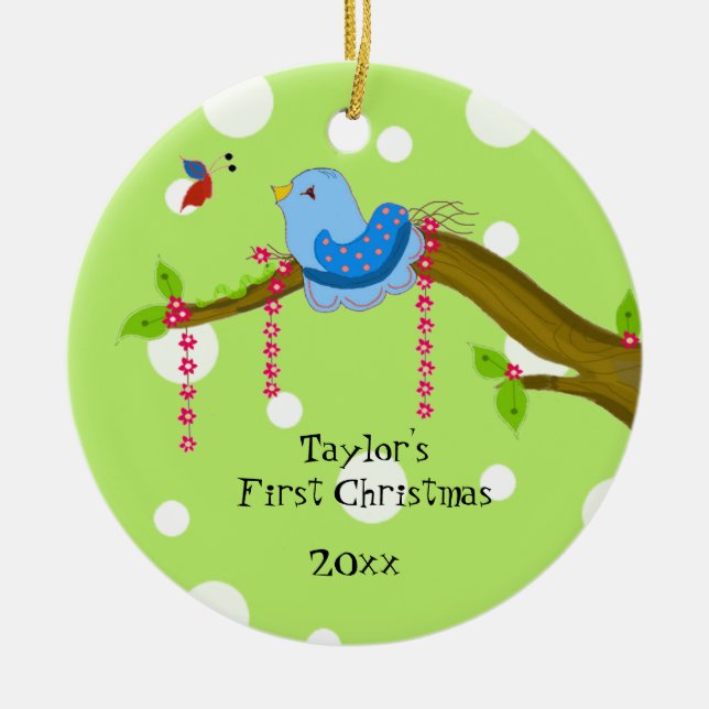 Polka Dot Baby's First Christmas Ceramic Ornament (Front)
